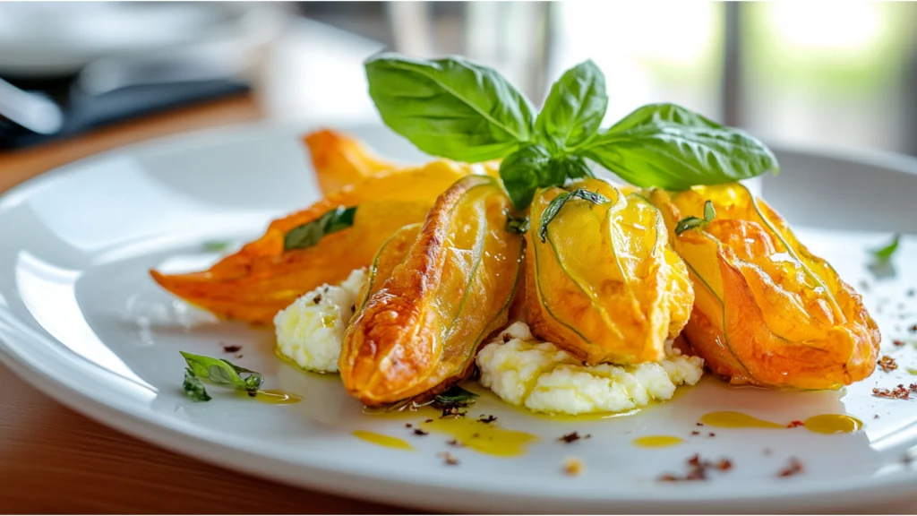 Serving Stuffed Zucchini Blossoms