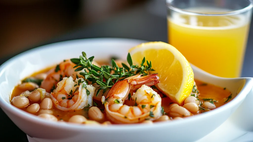 Serving Lemony Shrimp and Bean Stew