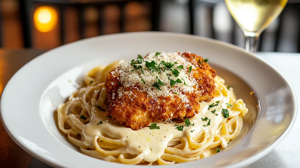 Serving Chicken Parmesan Alfredo