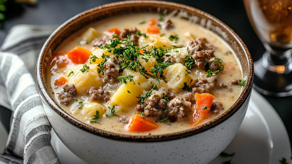 Serving Crockpot Creamy Potato and Hamburger Soup